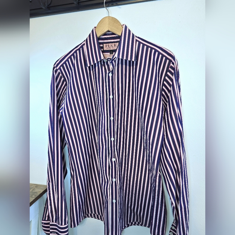Thomas Pink Purple & Pink Striped Slim Fit Button-Up Dress Shirt Men's Size 16